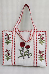 Classic White Block Printed Quilted Tote Bag without zip/button 17x18x 6 inches