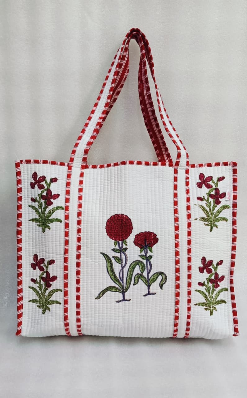Classic White Block Printed Quilted Tote Bag without zip/button 17x18x 6 inches