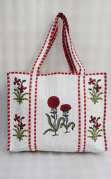 Classic White Block Printed Quilted Tote Bag without zip/button 17x18x 6 inches
