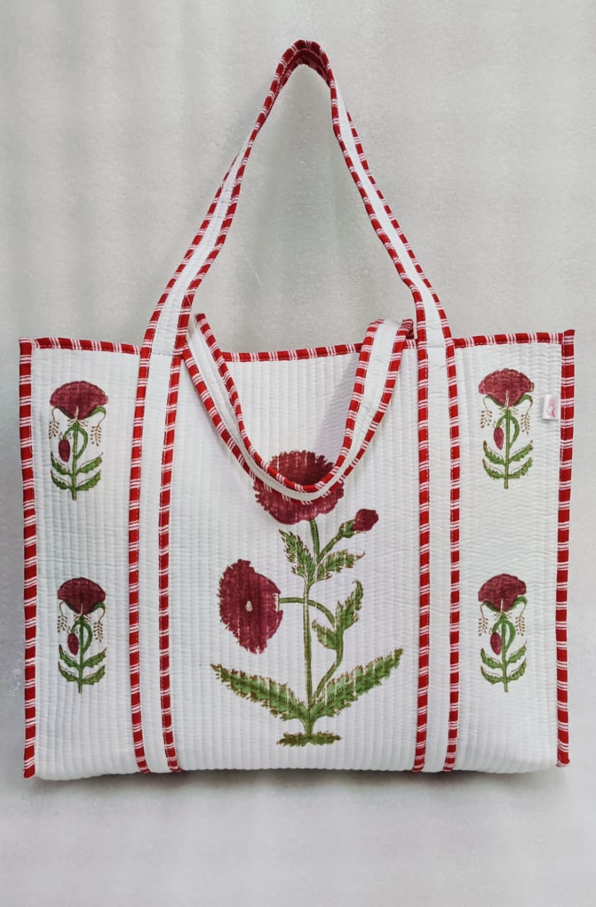 Classic White Block Printed Quilted Tote Bag without zip/button 17x18x 6 inches