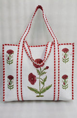 Classic White Block Printed Quilted Tote Bag without zip/button 17x18x 6 inches
