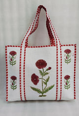 Classic White Block Printed Quilted Tote Bag without zip/button 17x18x 6 inches