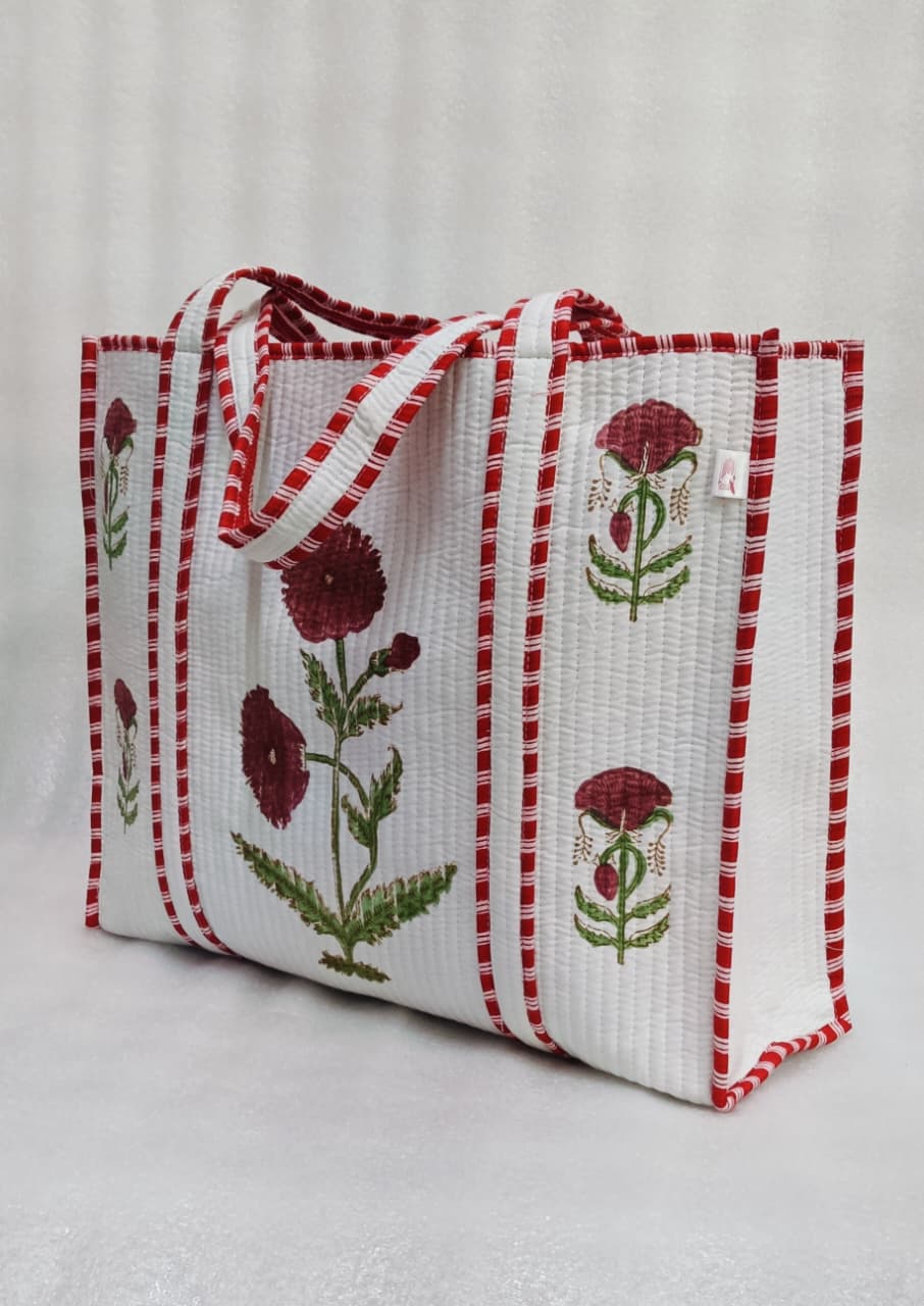 Classic White Block Printed Quilted Tote Bag without zip/button 17x18x 6 inches