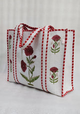 Classic White Block Printed Quilted Tote Bag without zip/button 17x18x 6 inches