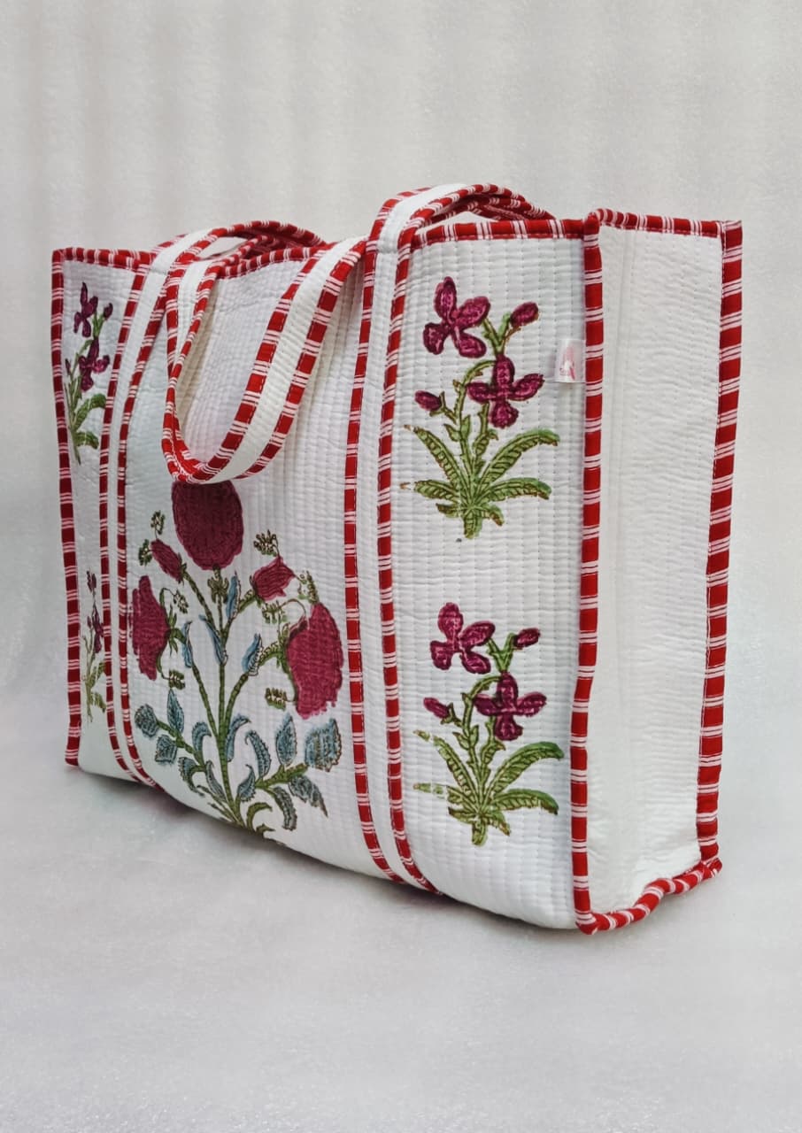 Classic White Block Printed Quilted Tote Bag without zip/button 17x18x 6 inches