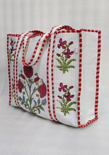 Classic White Block Printed Quilted Tote Bag without zip/button 17x18x 6 inches
