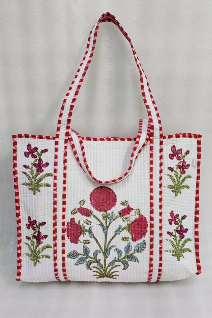 Classic White Block Printed Quilted Tote Bag without zip/button 17x18x 6 inches