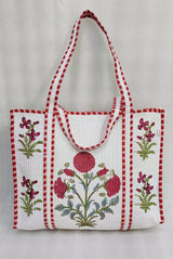 Classic White Block Printed Quilted Tote Bag without zip/button 17x18x 6 inches