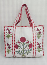 Classic White Block Printed Quilted Tote Bag without zip/button 17x18x 6 inches