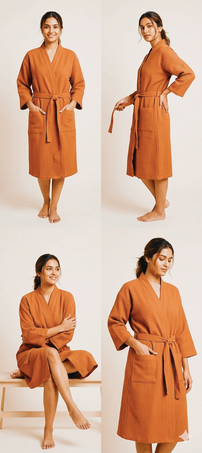 Waffle Cotton Premium Plain Style Unisex Bathrobe - Free Size