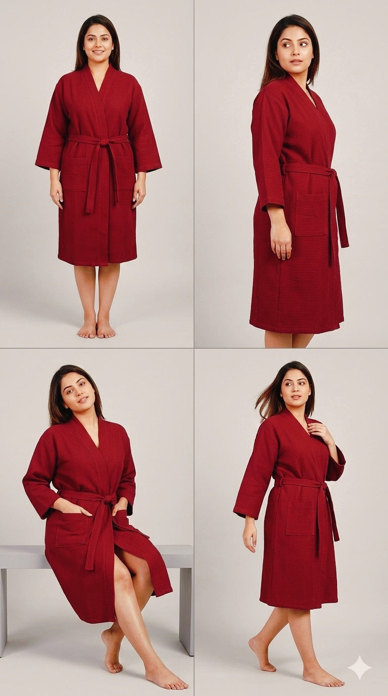 Waffle Cotton Premium Plain Style Unisex Bathrobe - Free Size