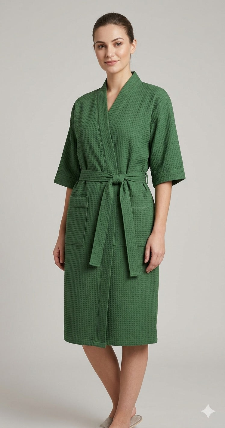 Waffle Cotton Premium Plain Style Unisex Bathrobe - Free Size