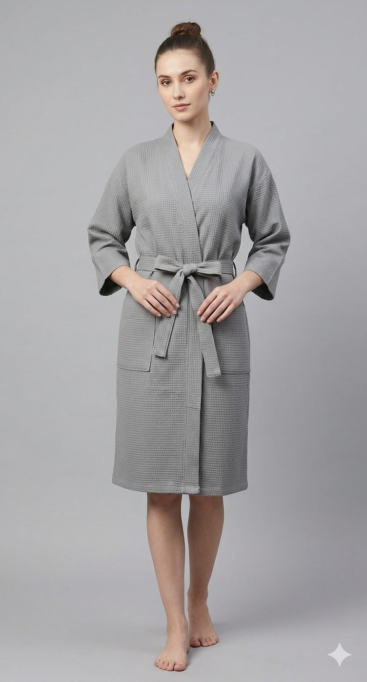 Waffle Cotton Premium Plain Style Unisex Bathrobe - Free Size