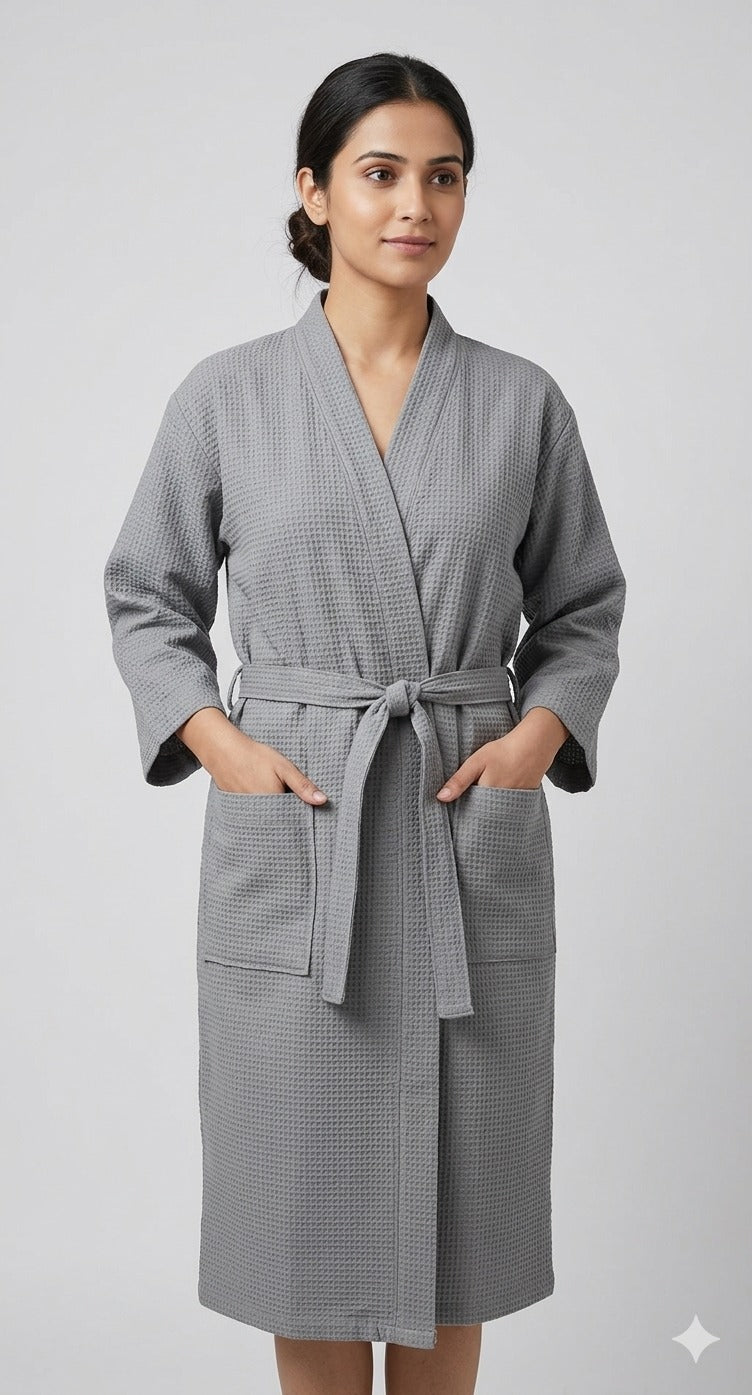Waffle Cotton Premium Plain Style Unisex Bathrobe - Free Size