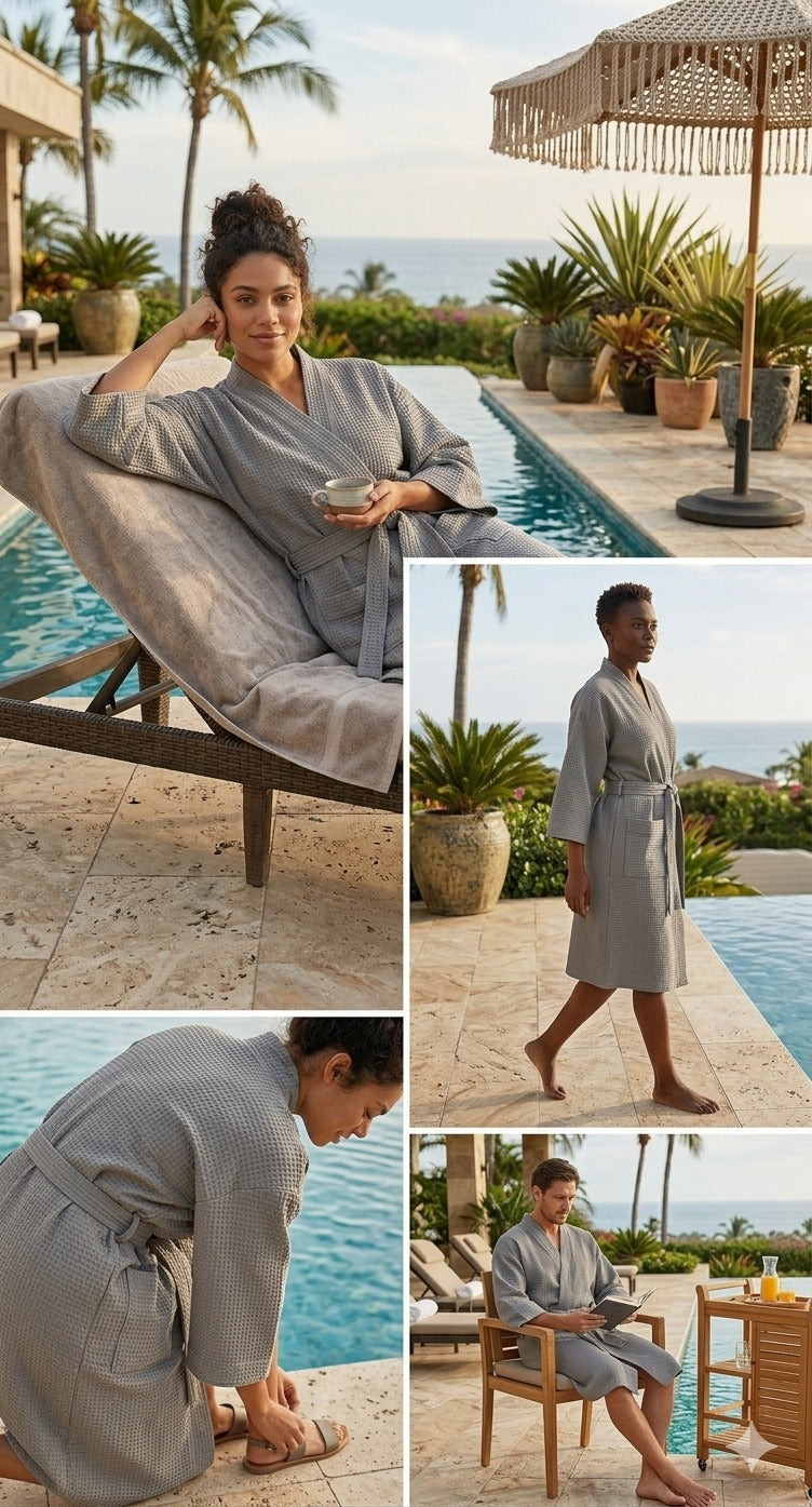 Waffle Cotton Premium Plain Style Unisex Bathrobe - Free Size