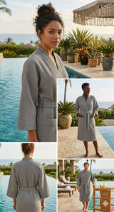 Waffle Cotton Premium Plain Style Unisex Bathrobe - Free Size
