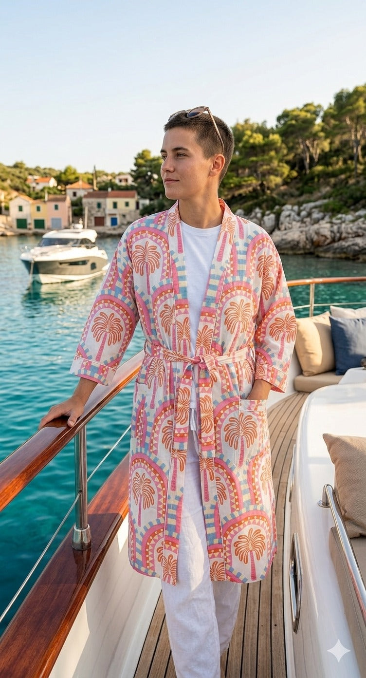Cotton Kimono Handblock Printed Unisex Bathrobe - Free Size