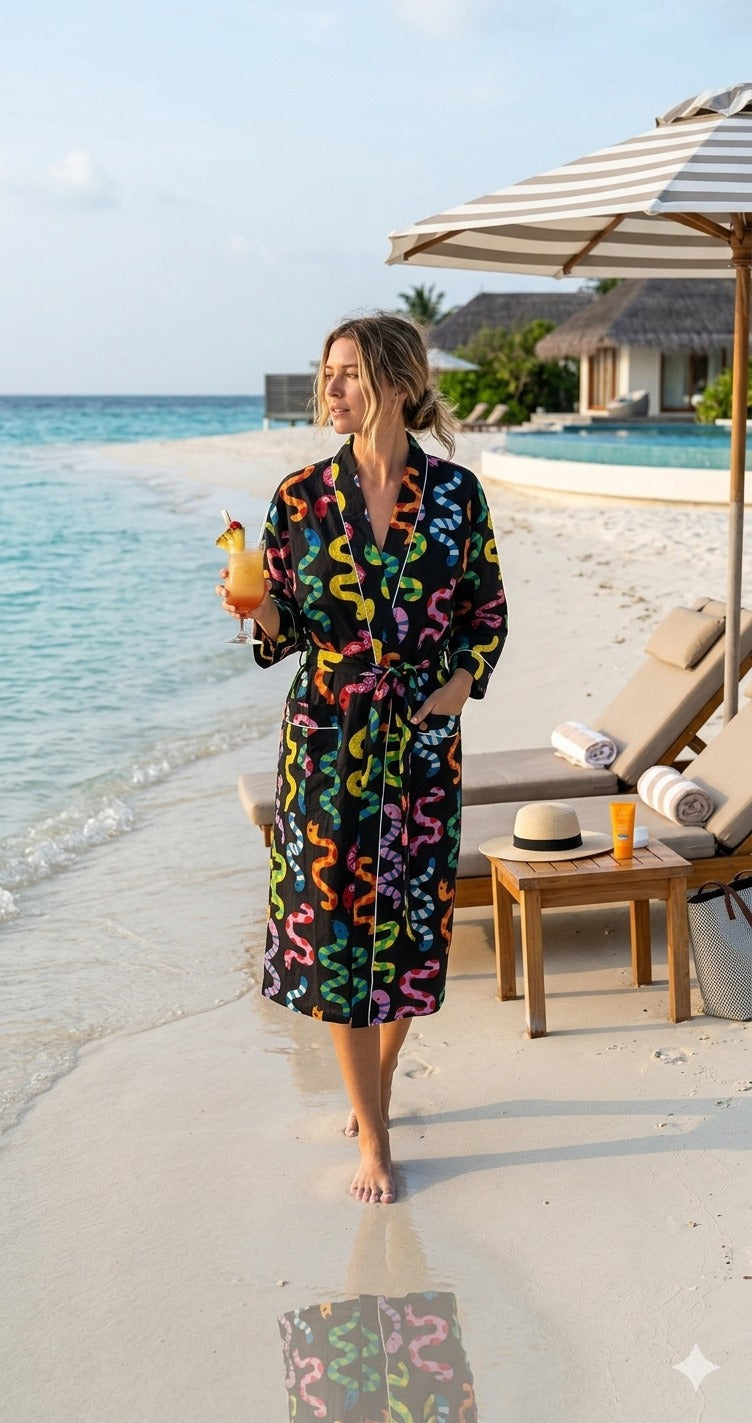 Cotton Kimono Handblock Printed Unisex Bathrobe - Free Size