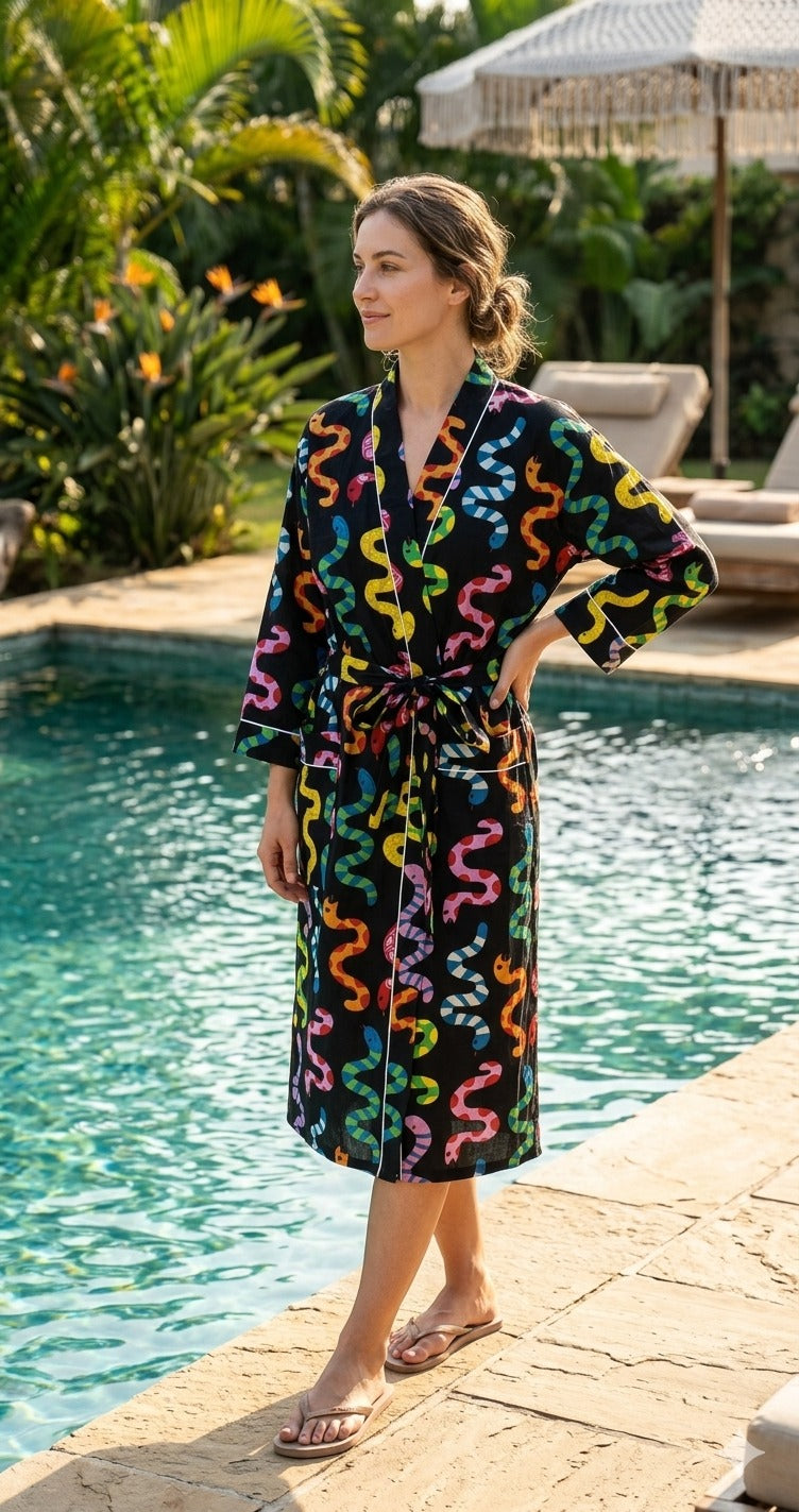 Cotton Kimono Handblock Printed Unisex Bathrobe - Free Size
