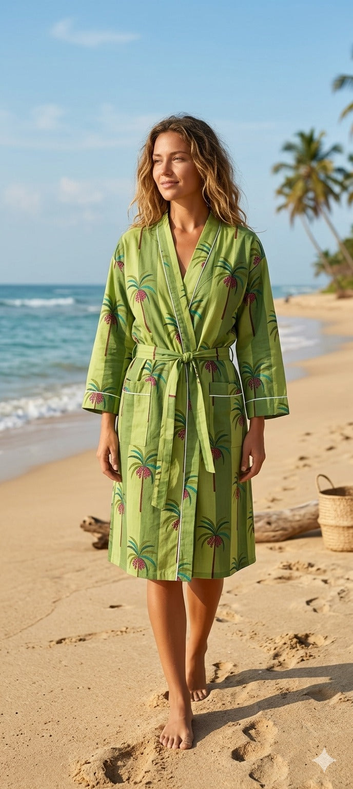 Cotton Kimono Handblock Printed Unisex Bathrobe - Free Size