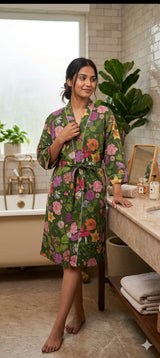 Cotton Kimono Handblock Printed Unisex Bathrobe - Free Size
