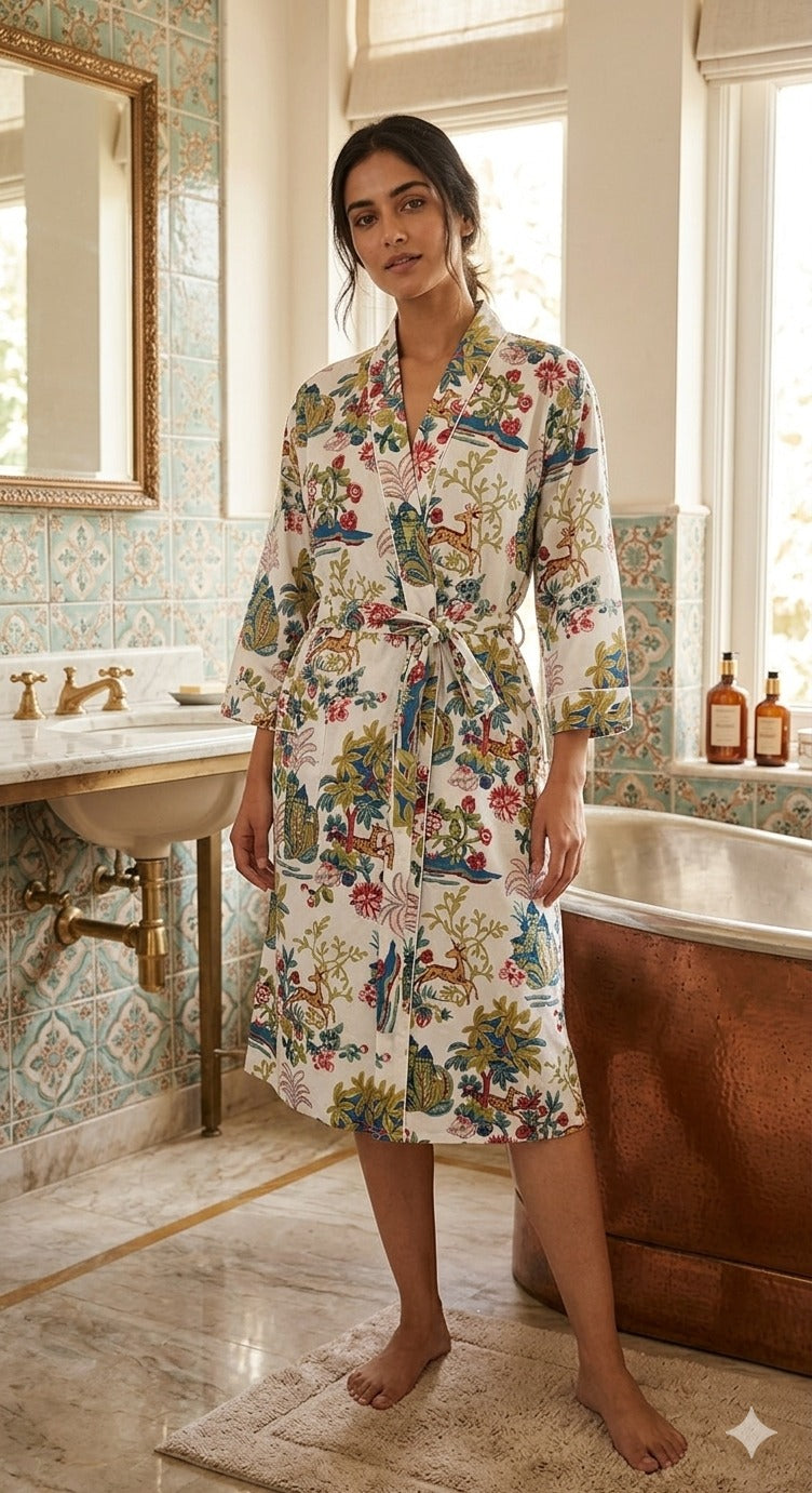 Cotton Kimono Handblock Printed Unisex Bathrobe - Free Size