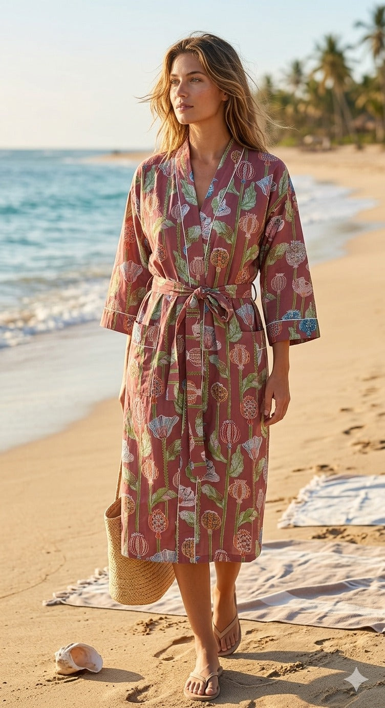 Cotton Kimono Handblock Printed Unisex Bathrobe - Free Size