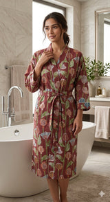 Cotton Kimono Handblock Printed Unisex Bathrobe - Free Size