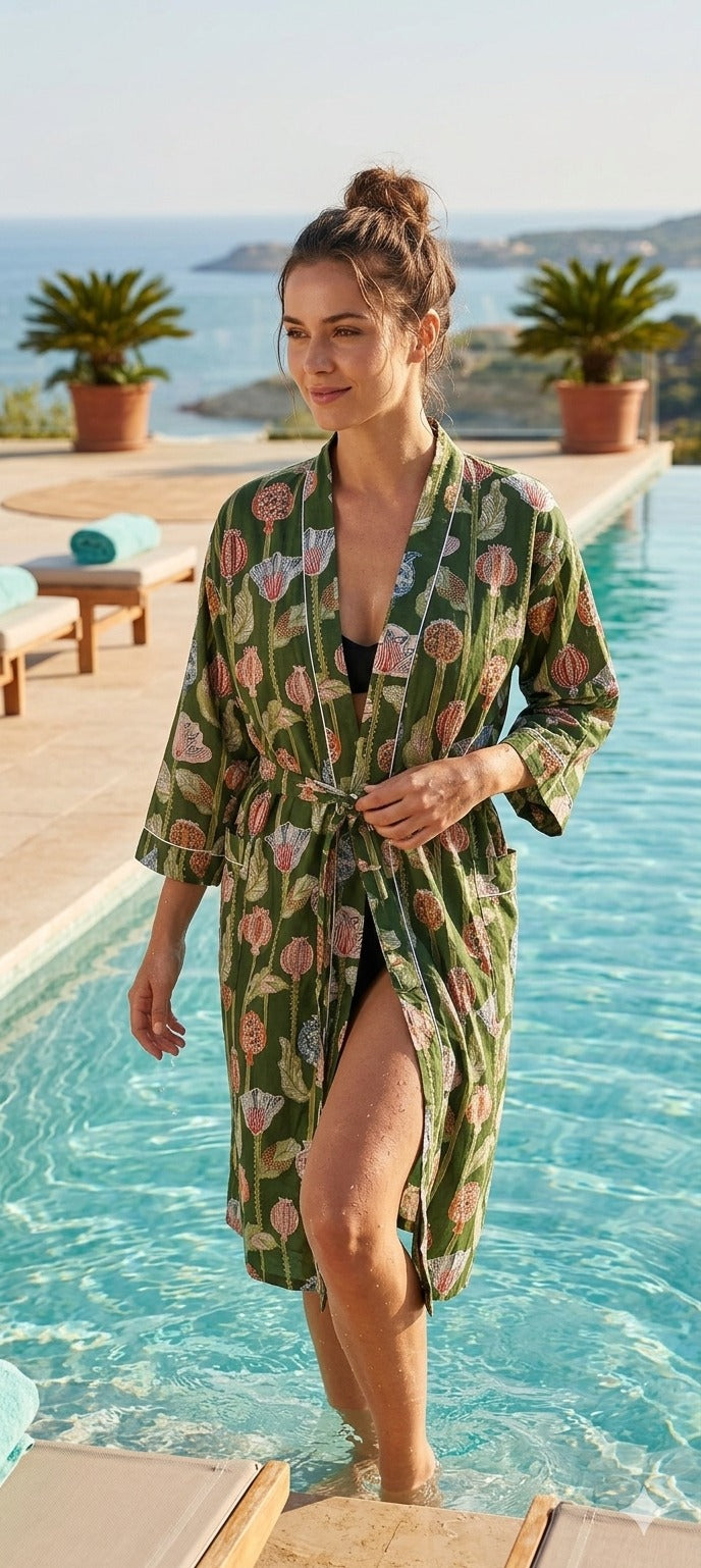 Cotton Kimono Handblock Printed Unisex Bathrobe - Free Size