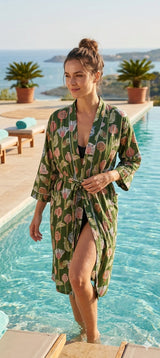 Cotton Kimono Handblock Printed Unisex Bathrobe - Free Size