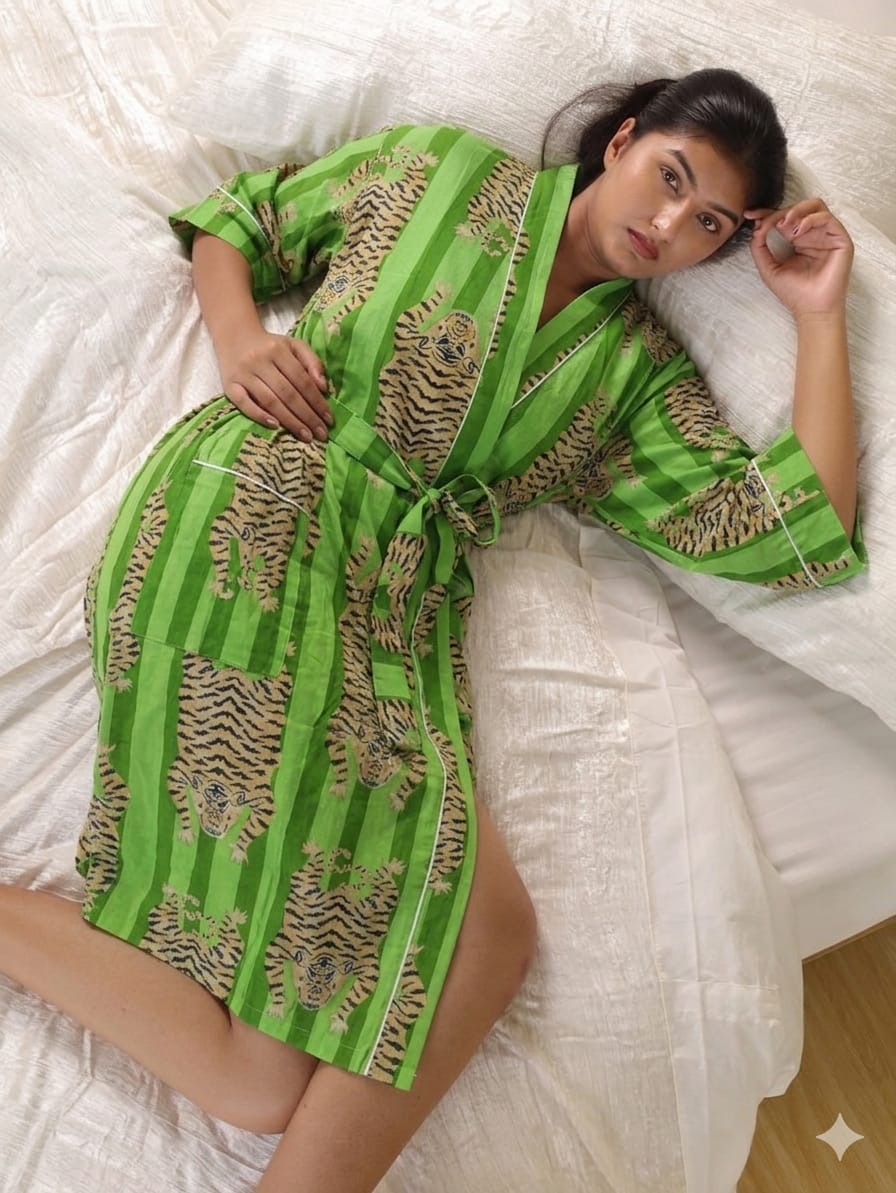 Cotton Kimono Handblock Printed Unisex Bathrobe - Free Size