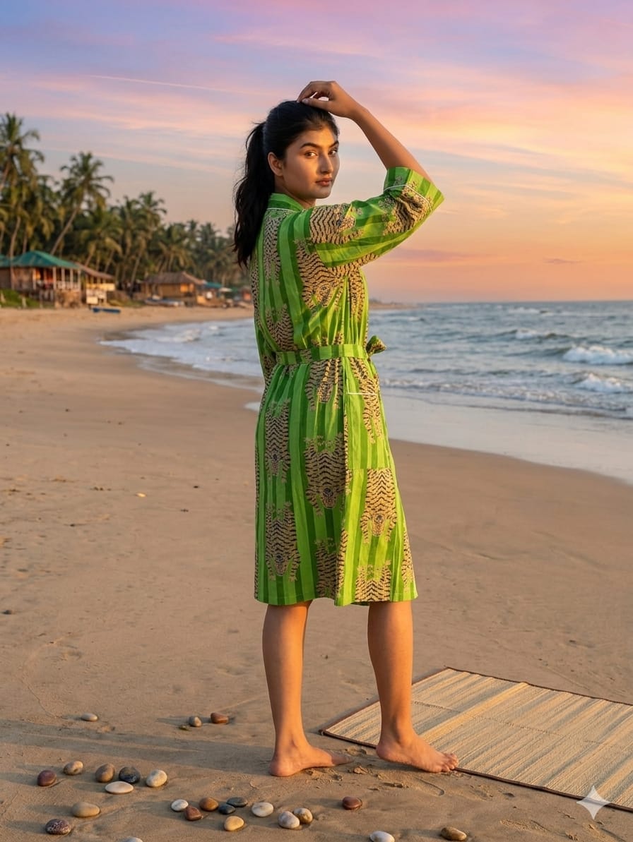 Cotton Kimono Handblock Printed Unisex Bathrobe - Free Size