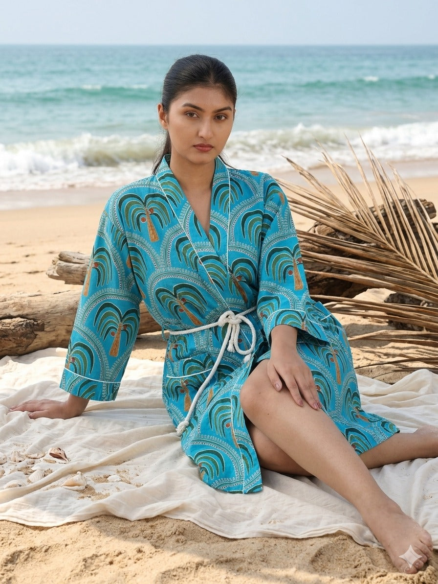 Cotton Kimono Handblock Printed Unisex Bathrobe - Free Size