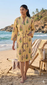 Cotton Kimono Handblock Printed Unisex Bathrobe - Free Size