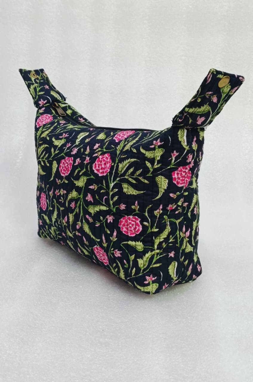 Quilted Block Printed Hobo Pouch with Zip closure and Snap Button