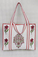 Classic White Block Printed Quilted Tote Bag without zip/button 17x18x 6 inches