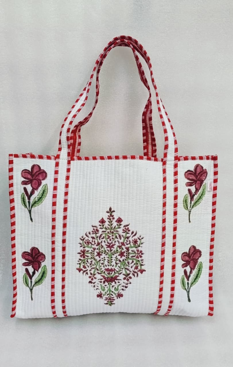 Classic White Block Printed Quilted Tote Bag without zip/button 17x18x 6 inches