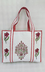Classic White Block Printed Quilted Tote Bag without zip/button 17x18x 6 inches