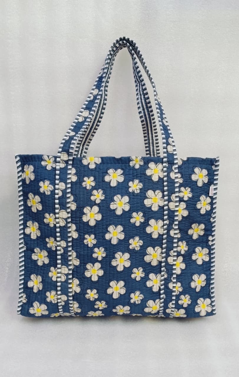 Handblock Printed Quilted Tote Bag without zip/button 17x18x 6 inches