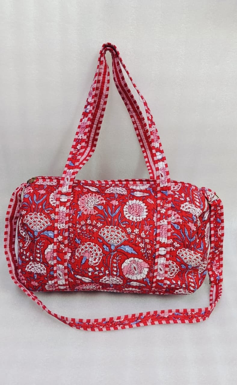 Block Printed Quilted Duffle Bag with Concealed Zip
