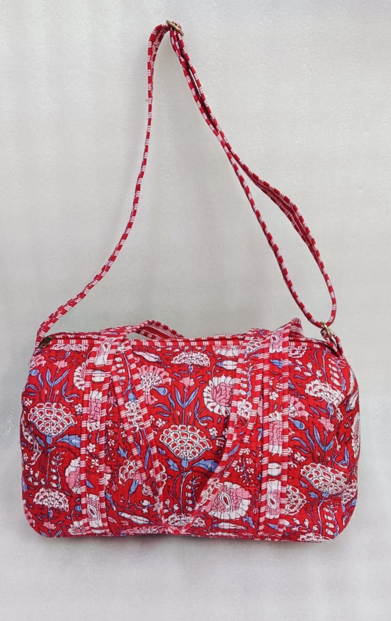 Block Printed Quilted Duffle Bag with Concealed Zip