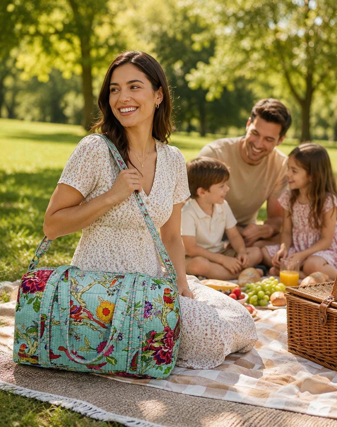 Block Printed Quilted Duffle Bag with Concealed Zip