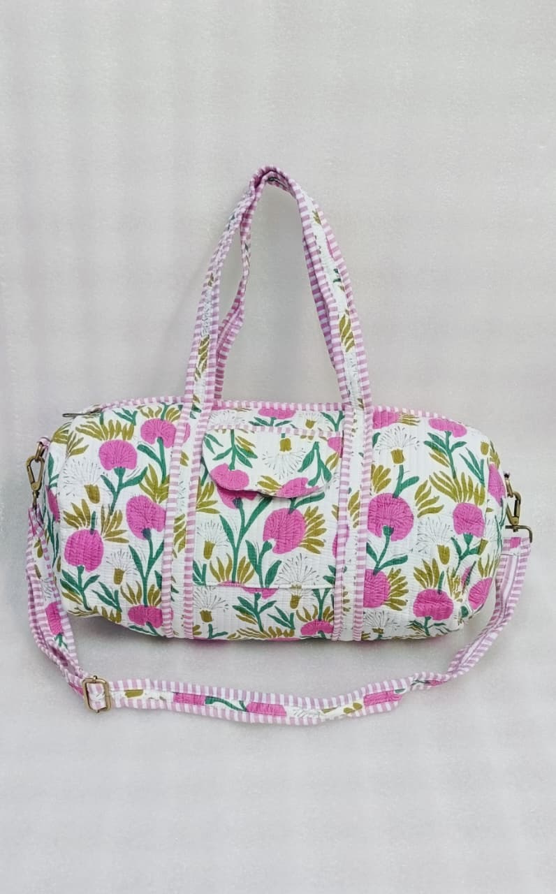 Block Printed Quilted Duffle Bag with Concealed Zip