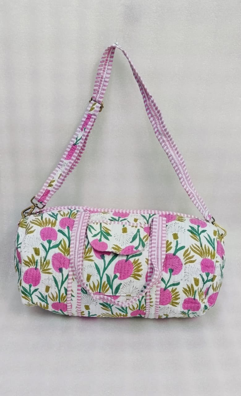Block Printed Quilted Duffle Bag with Concealed Zip