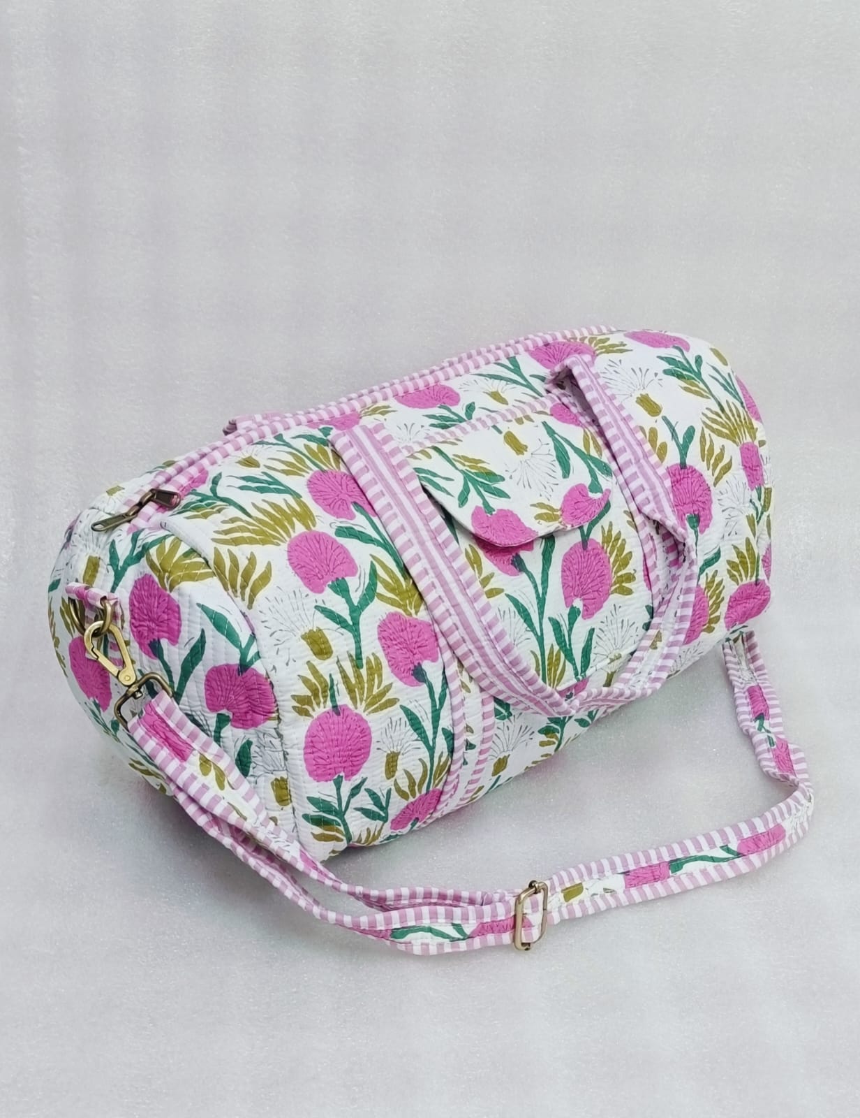 Block Printed Quilted Duffle Bag with Concealed Zip