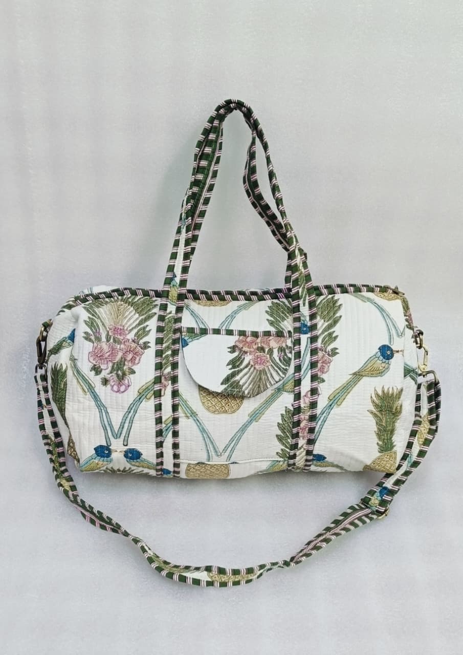 Block Printed Quilted Duffle Bag with Concealed Zip