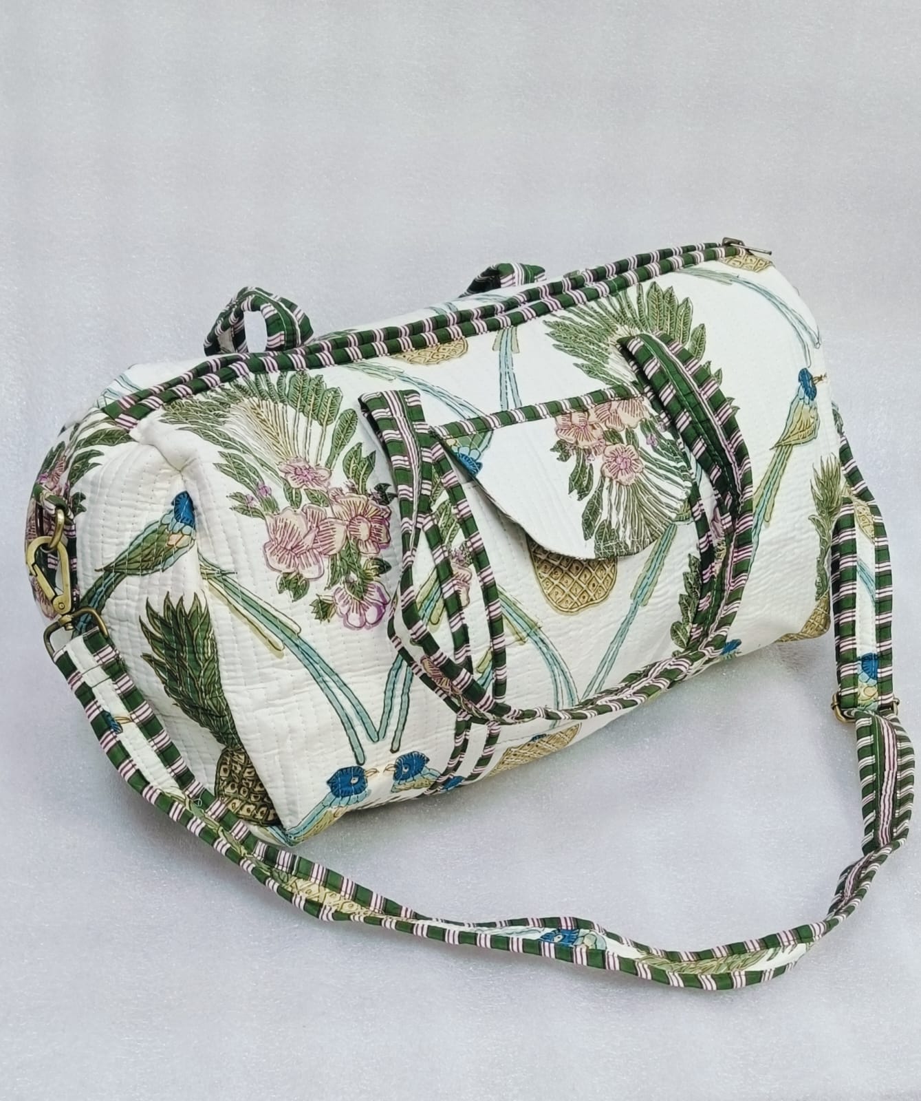 Block Printed Quilted Duffle Bag with Concealed Zip