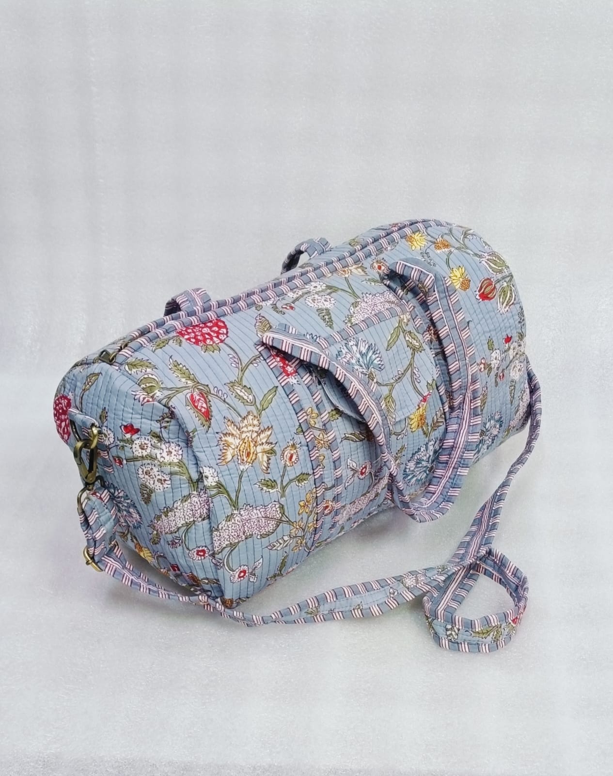 Block Printed Quilted Duffle Bag with Concealed Zip