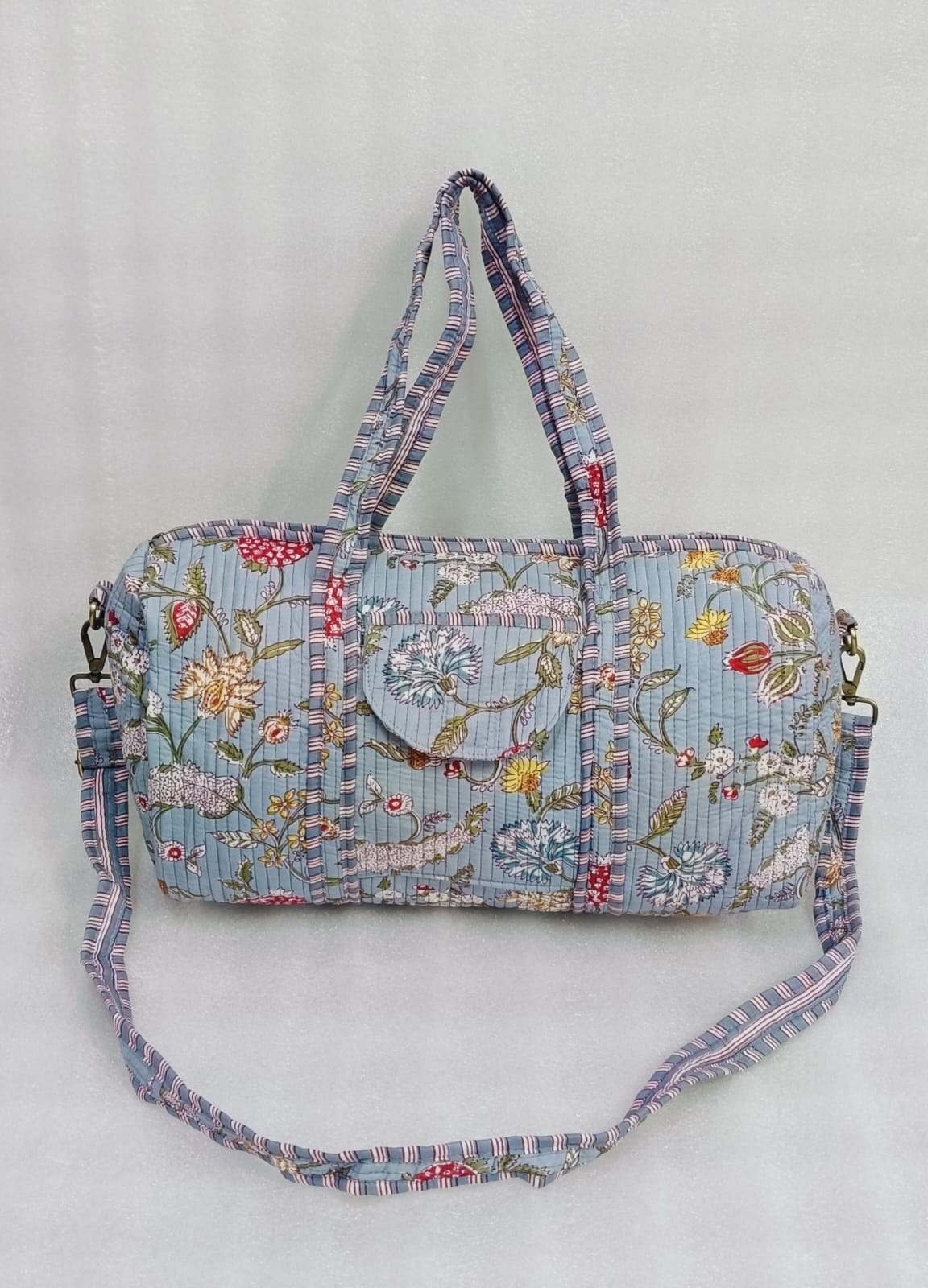 Block Printed Quilted Duffle Bag with Concealed Zip