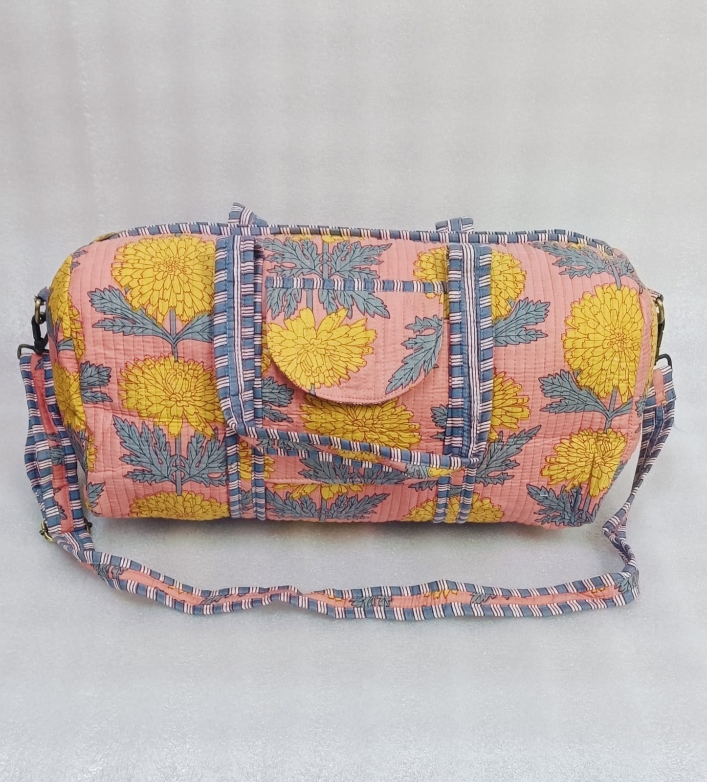 Block Printed Quilted Duffle Bag with Concealed Zip